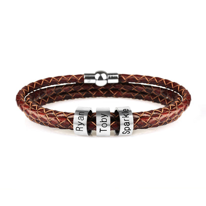 Personalized Mens Braided Genuine Leather Bracelet Stainless Steel