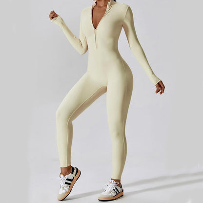 Zipper Long Sleeve Jumpsuit Yoga Fitness Training Pants