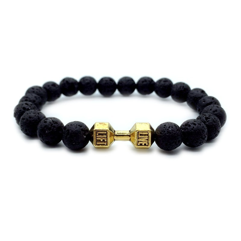 Men's Jewelry Alloy Metal Barbell & Lava Rock Stone Beads Jewelry dealsniper-net Volcanic gold