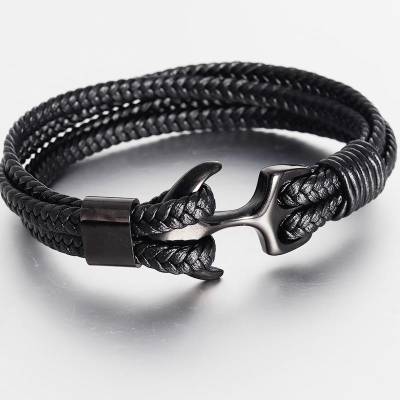 Men's Stainless Steel Anchor Bracelet Vintage Woven Leather Bracelet Jewelry DealSniper.net Black 18.5cm