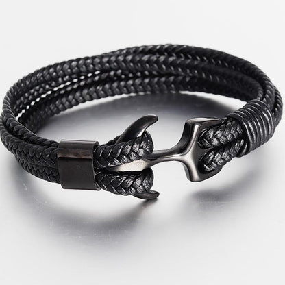 Men's Stainless Steel Anchor Bracelet Vintage Woven Leather Bracelet Jewelry DealSniper.net Black 18.5cm