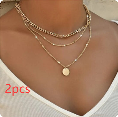 Women's Multilayer Necklace Ins Fashion Disc Necklace Jewelry Gym From House Gold 2PCS