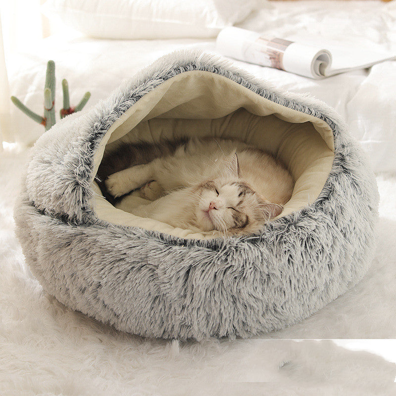 Pet Bed Round Plush Warm Bed House Soft Long Plush Bed 2 In 1 Bed Pets dealsniper-net