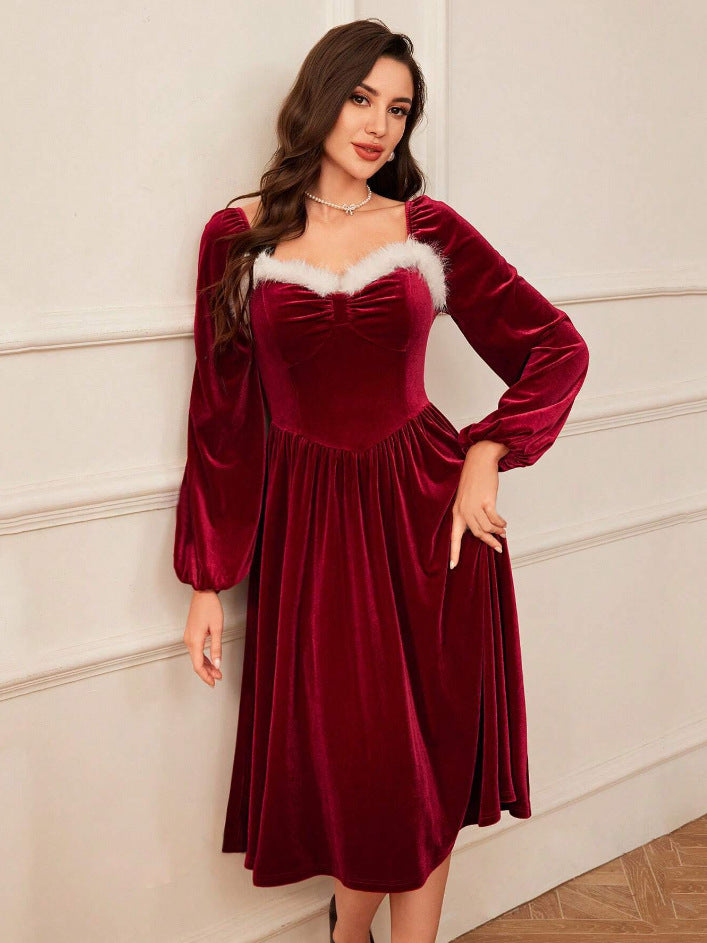 Women's Vintage Christmas Party Long Sleeve Red Velvet Dress Women Gym From House Wine Red L