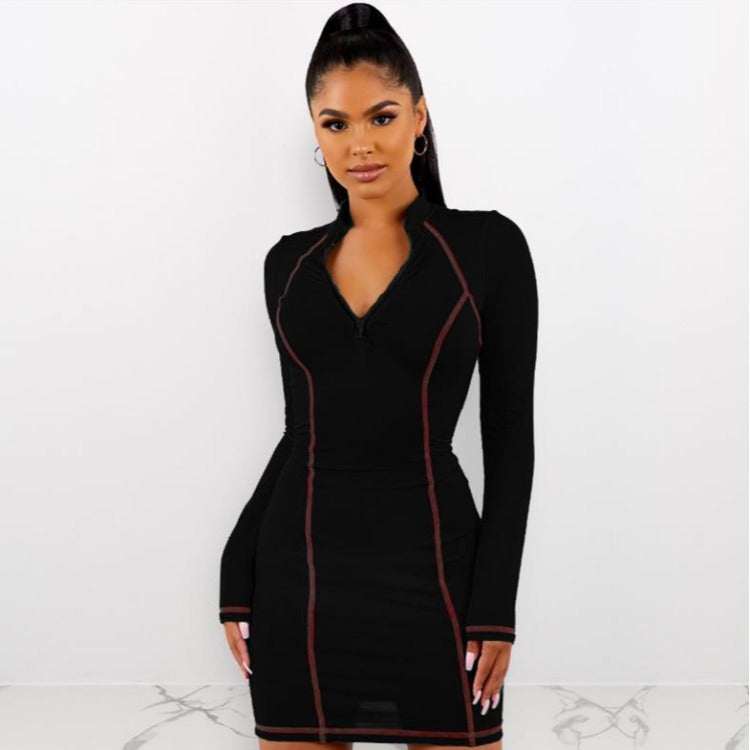 Tight stretch elastic collar zipper long sleeve dress Women dealsniper-net