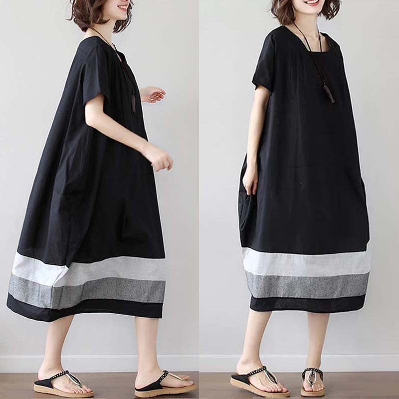 Cotton And Linen Short Sleeve Dress Large Size Women's Mid Length Women dealsniper-net