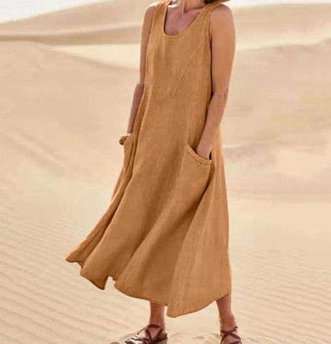 Summer Sleeveless Long Dress With Pockets Fashion Casual Women dealsniper-net Light brown sleeveless 2XL