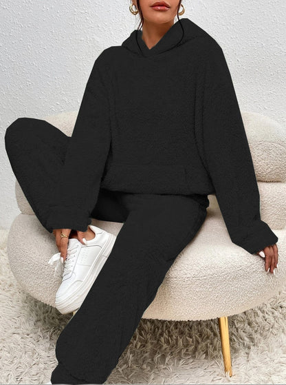 Winter Plush Pajama Set Fashion Casual Hooded Top And Elastic Band Women null Black 2XL