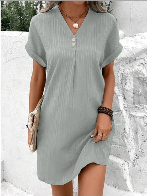 Fashion V-neck Short-sleeved Dress Casual Solid Strip Women dealsniper-net Silver Gray 3XL