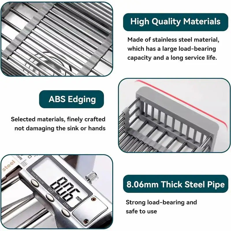 Adjustable Immersion Sink Dish Drying Rack With Stainless Steel Drain Basket - Portable And Retractable Space-Saving Fruit And Vegetable Solution