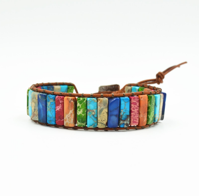 Colored Imperial Stone Hand-woven Single-layer Leather Bracelet Jewelry dealsniper-net Man Size