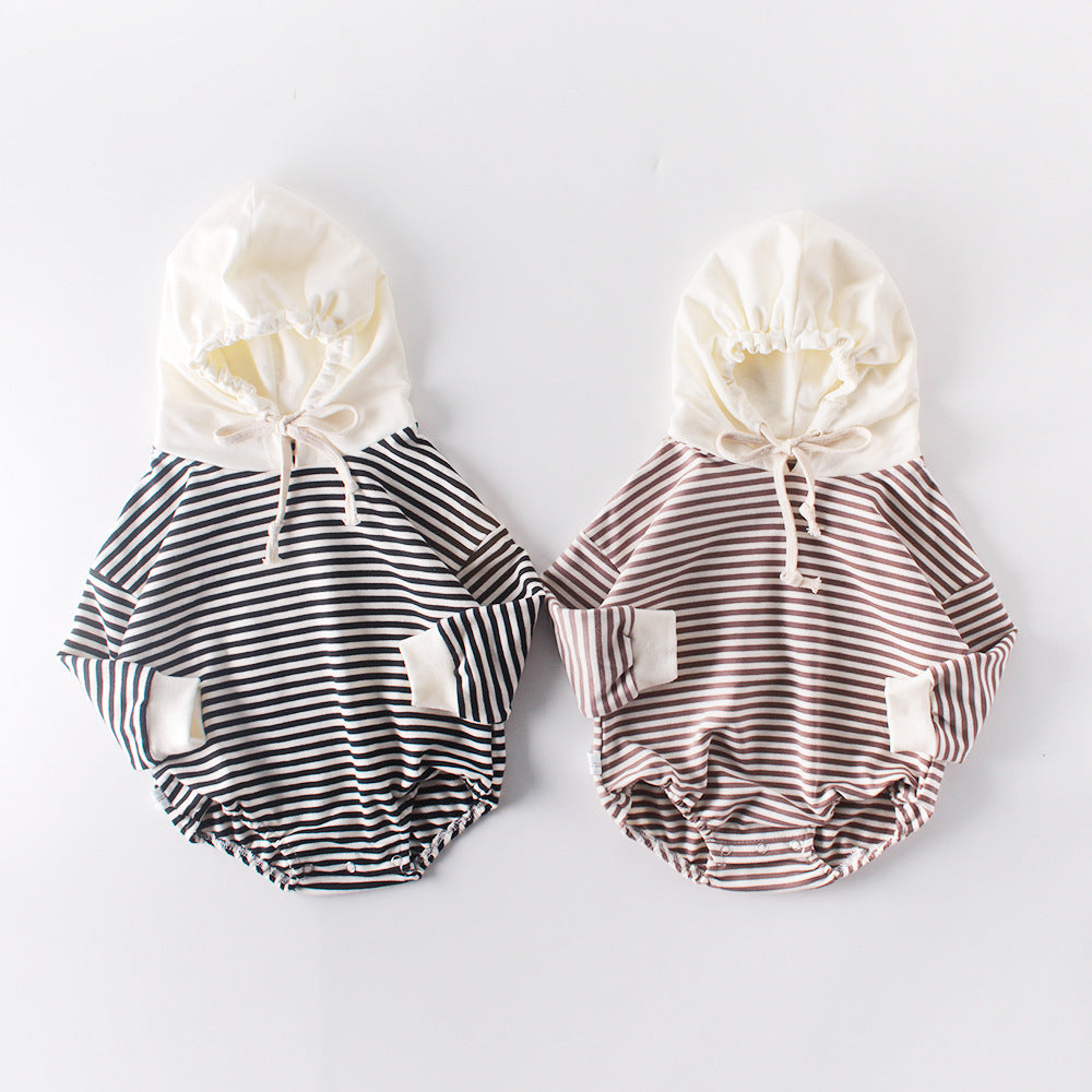 Ins Autumn Baby Striped Baby Clothes Hooded One-piece Hatching Climbing Suit Thickened Kids DealSniper.net