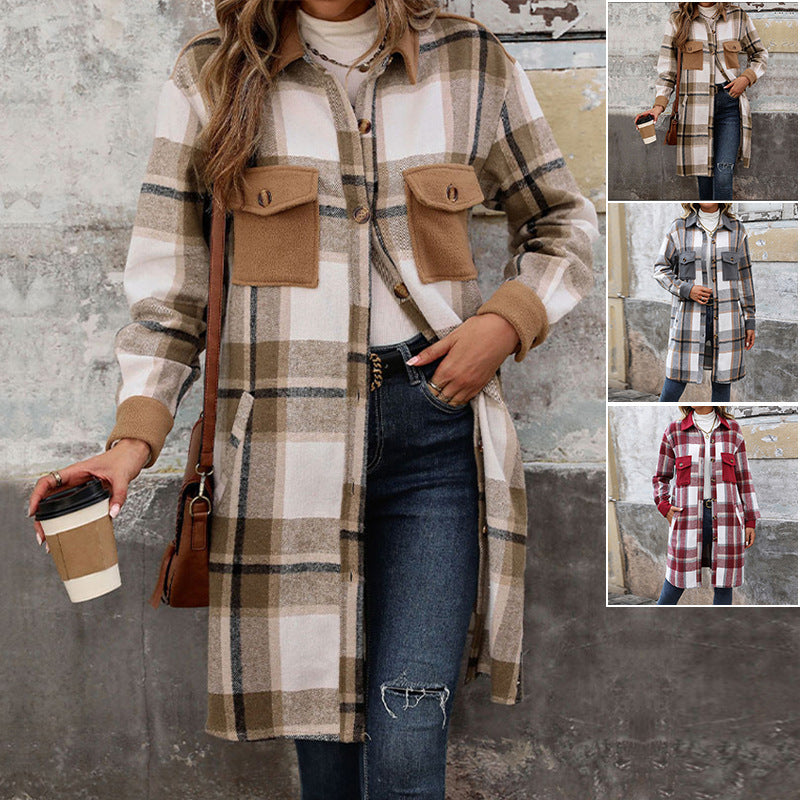 New Brushed Plaid Long Coat With Pockets Fashion Winter Jacket Women dealsniper-net