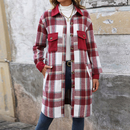 New Brushed Plaid Long Coat With Pockets Fashion Winter Jacket Women DealSniper.net Wine Red L