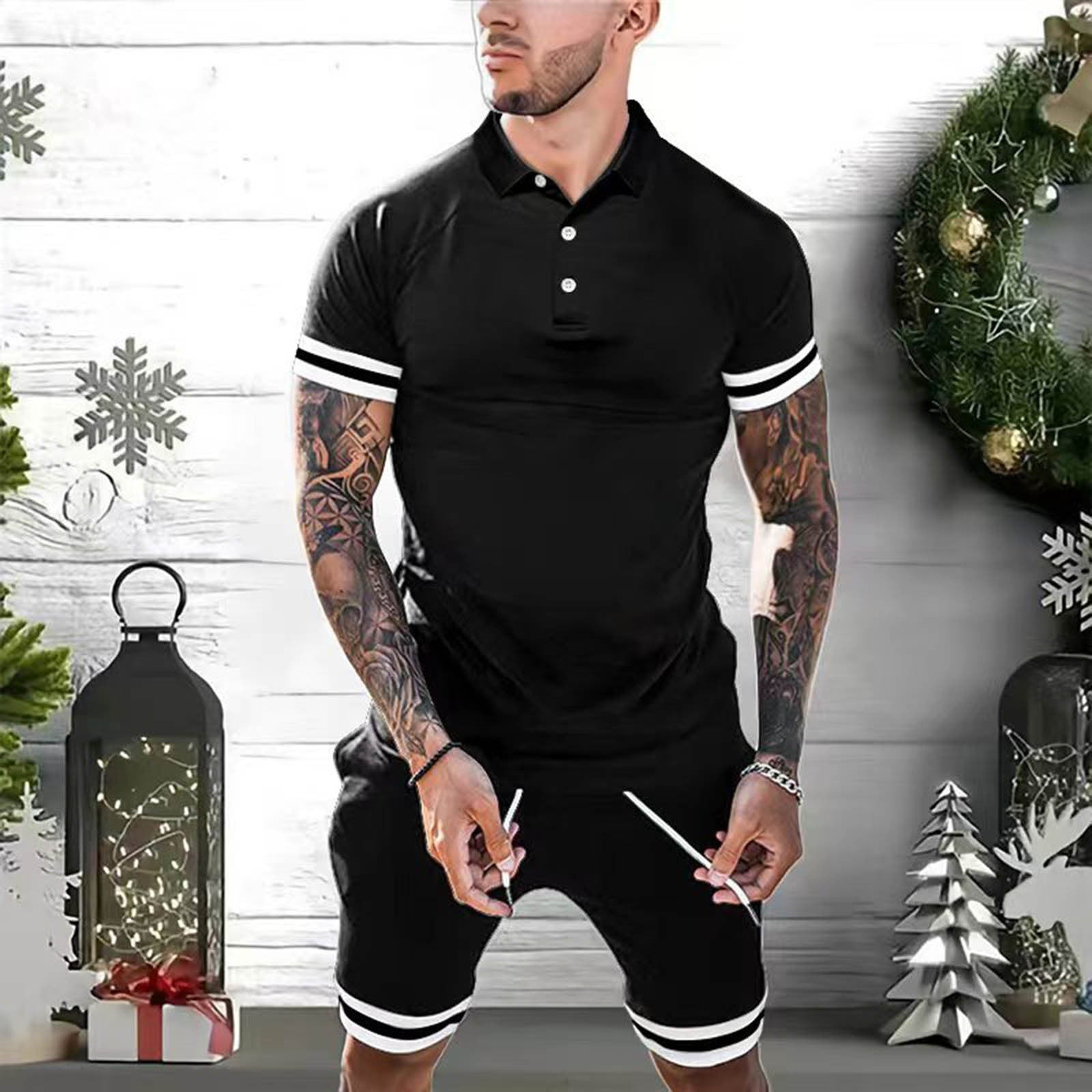 Mens Short Sets 2 Piece Outfits Polo Shirt Fashion Summer Men dealsniper-net Black 2XL