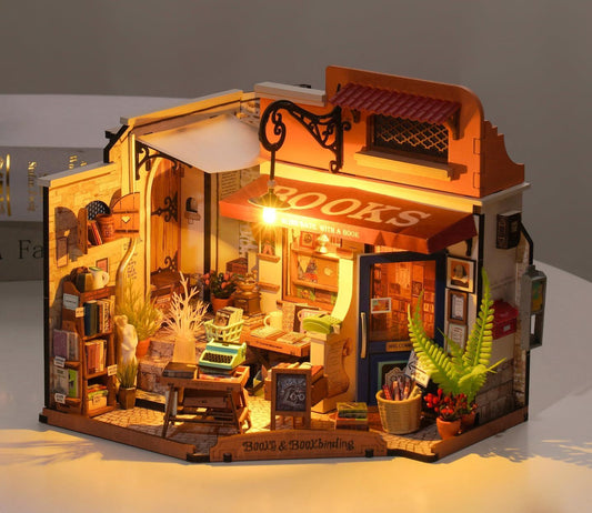 Miniature House Kit Corner Bookstore Wooden Dollhouse