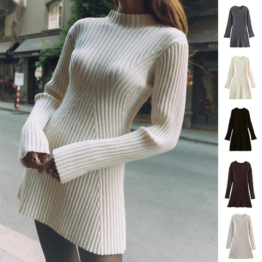 Fashion Solid Ribbed Knitted Dress Fall And Winter Slim-fit