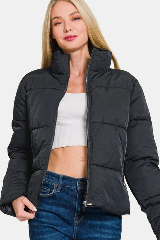 Zenana Zip Up Turtleneck Puffer Jacket With Pockets Women dealsniper-net