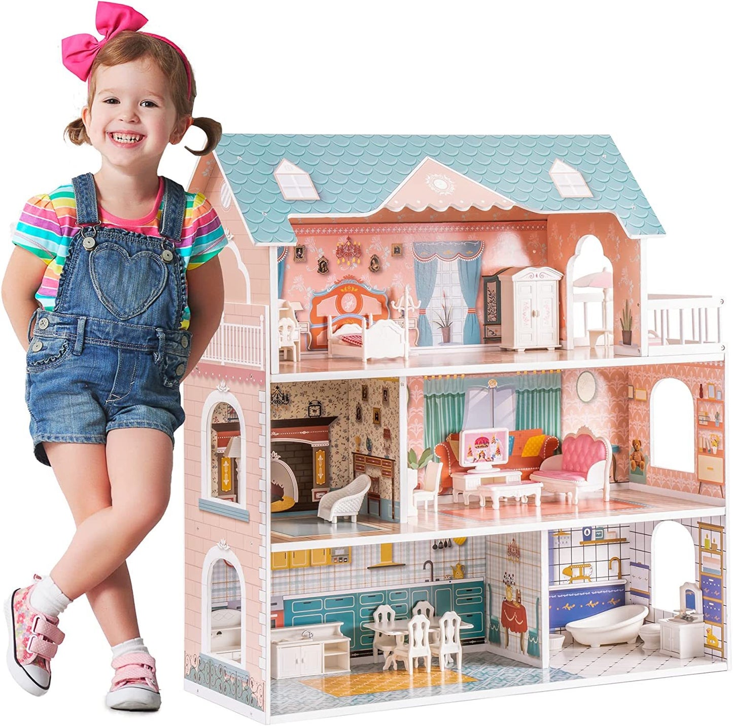 Robud Wooden Dollhouse For Kids Girls Toy