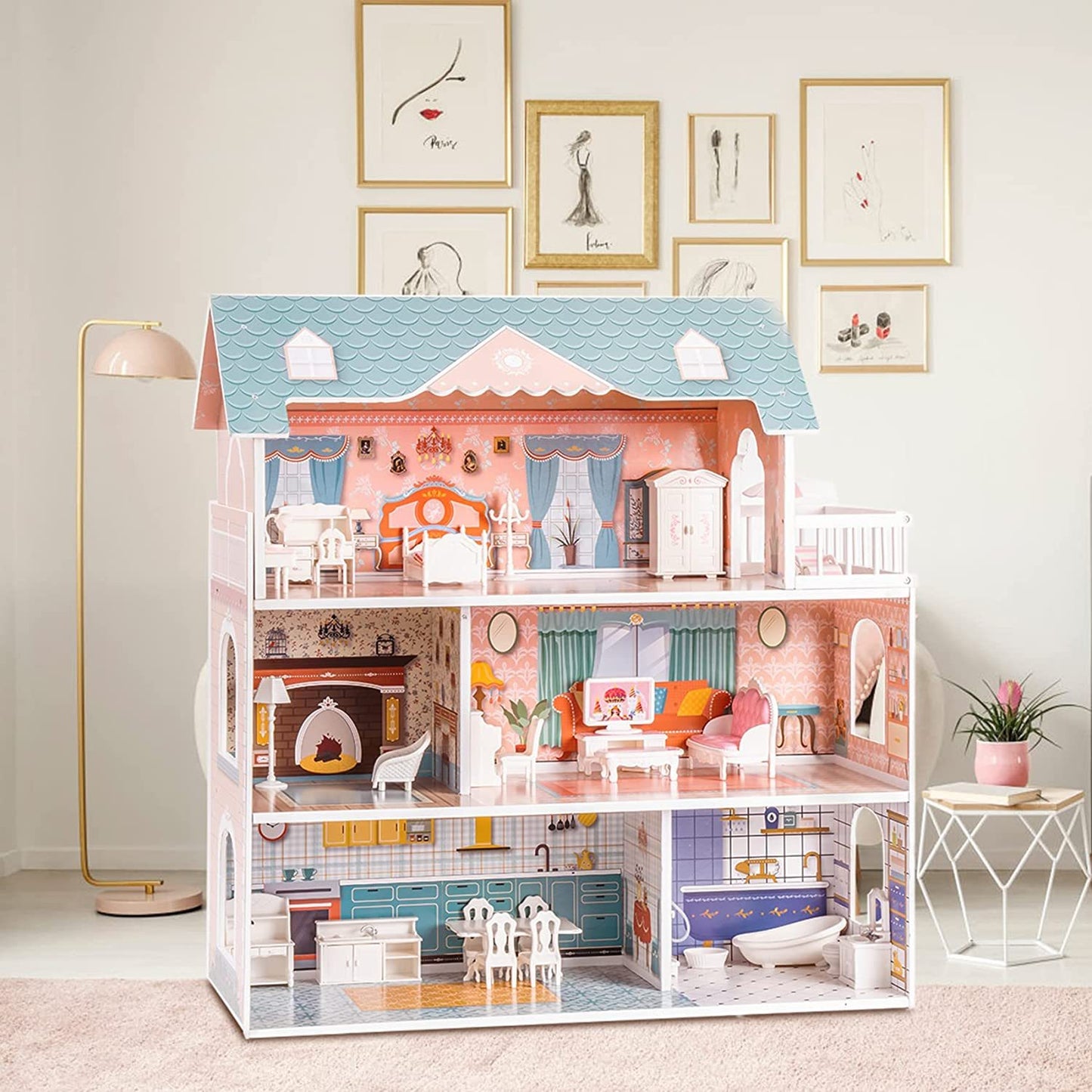 Robud Wooden Dollhouse For Kids Girls Toy