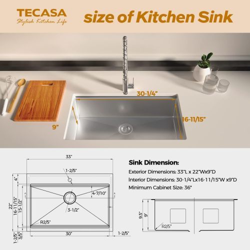 33 Inches  Kitchen Sink Dual Mounted Undercounter