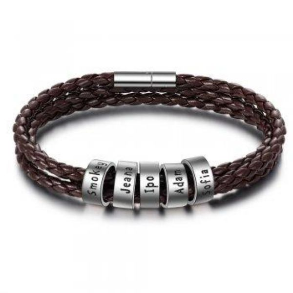 Personalized Mens Braided Genuine Leather Bracelet Stainless Steel