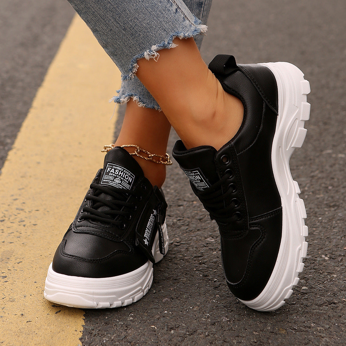 Lace-up Sports Shoes With Side-Zipper Design Fashion Women dealsniper-net