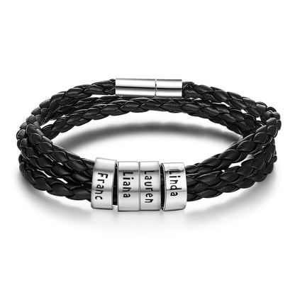 Personalized Mens Braided Genuine Leather Bracelet Stainless Steel