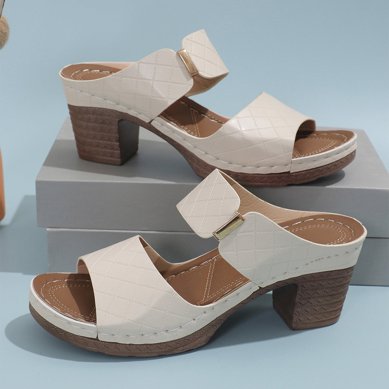 Chunky Heel Sandals Summer Round Toe Plaid Slides Slippers Women DealSniper.net