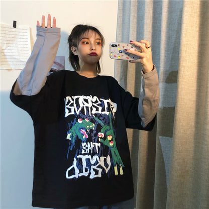 Spring sports fake two-piece hedging cartoon T-shirt women loose Women DealSniper.net