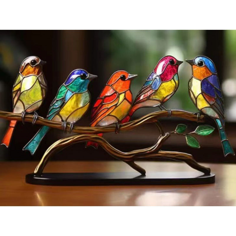 Stained Birds On Branch Desktop Ornaments For Bird Lover Home Decor dealsniper-net 5 Birds Acrylic Ornament