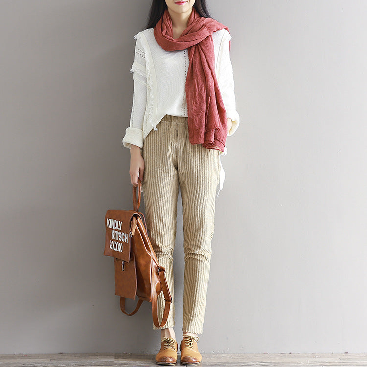 Thin corduroy pants autumn and winter loose casual trousers Women dealsniper-net Apricot color 2XL