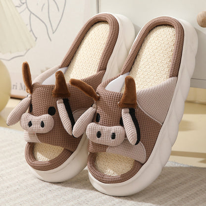 Cute Cartoon Cow Frog Slippers Linen Non-slip Shoes Indoor Women dealsniper-net Coffee Cow 36or37