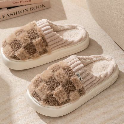 Plaid Plush Slippers Women's Indoor Plush Home Slippers Soft Sole Thick Non-Slip Warm House Shoes Couple Autumn And Winter Women DealSniper.net Coffee 40or41