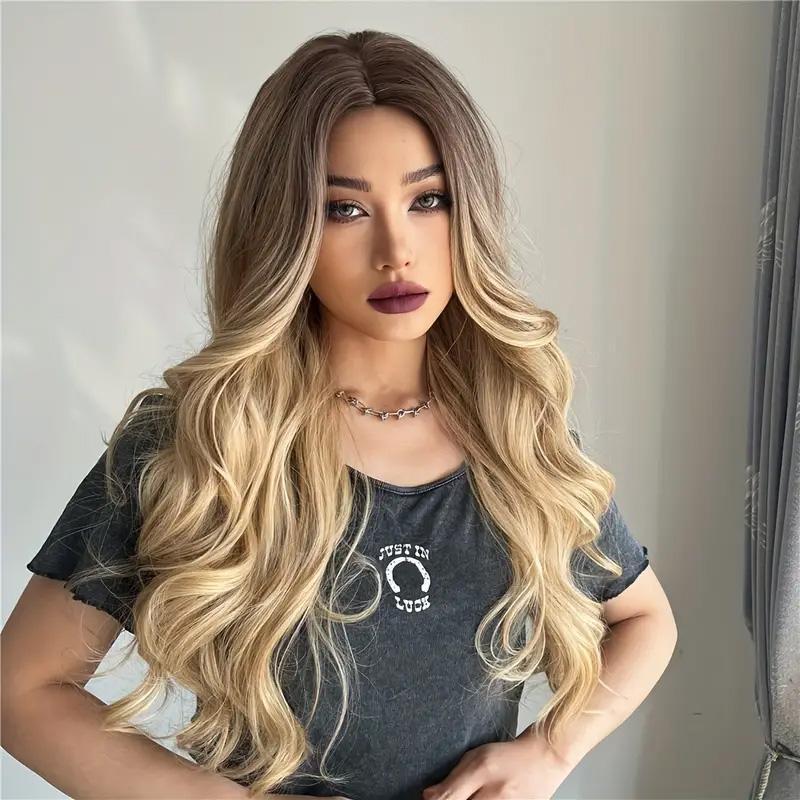 26 Inch Long Ash Blonde Wig With Bangs Natural Wavy Hair