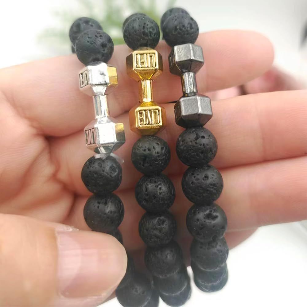 Men's Jewelry Alloy Metal Barbell & Lava Rock Stone Beads Jewelry dealsniper-net