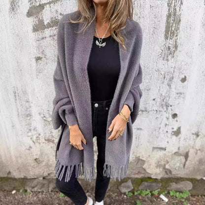 Women's Knitted Batwing Sleeve Cardigan With Tassel Design Women DealSniper.net Gray 2XL