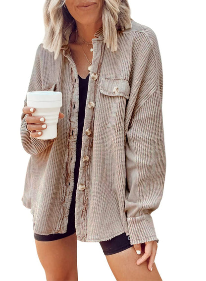 Button Shirt Jacket Women Lapel Long Sleeve Blouse Women dealsniper-net Light Khaki L