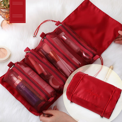 Four In One Mesh Cosmetic Foldable Carry On Toiletry Bag Deals DealSniper.net Red