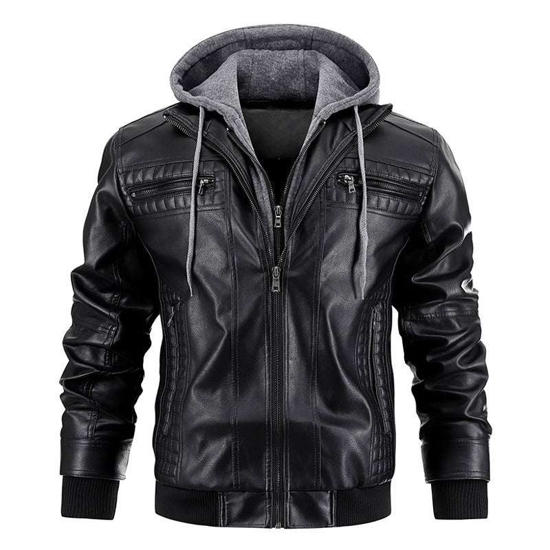 Hooded Jacket With Zipper Pockets Fashion Warm Pu Leather