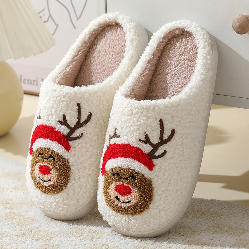 Christmas Home Slippers Cute Cartoon Santa Claus Cotton Slippers For Women And Men Couples Winter Warm Furry Shoes Women dealsniper-net Moose 36or37