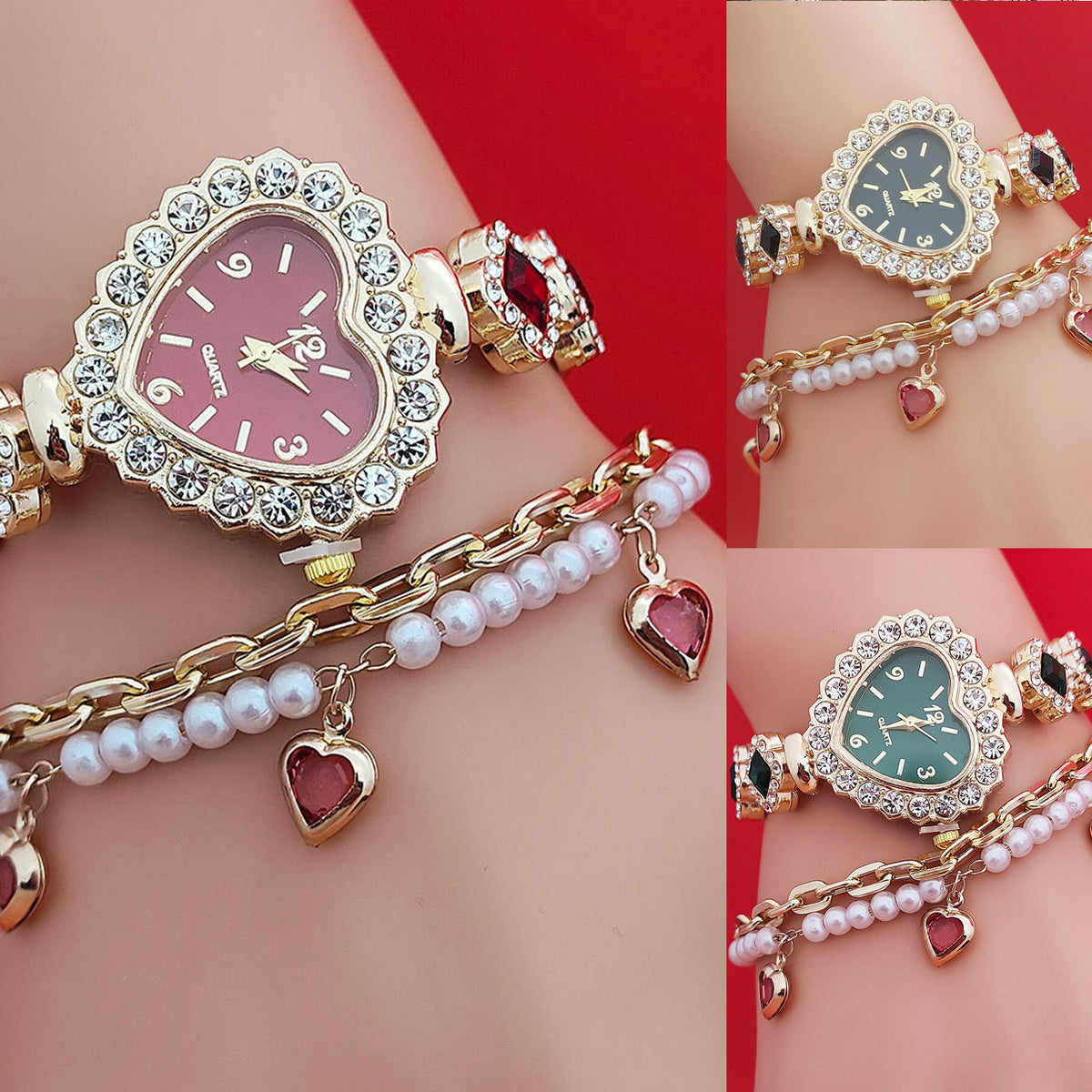 Fashion Love Shape Bracelet Watch Set Diamond Colored Heart Quartz Jewelry DealSniper.net