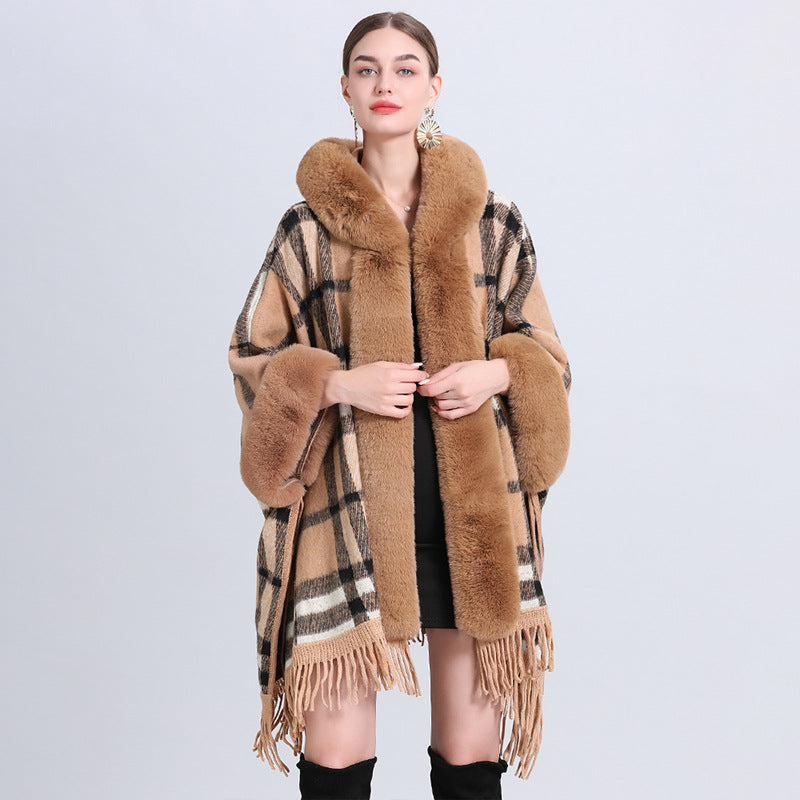 Loose Plaid Plus Cashmere Fur Collar Knitted Inverness Women Gym From House Camel Plaid Average Size