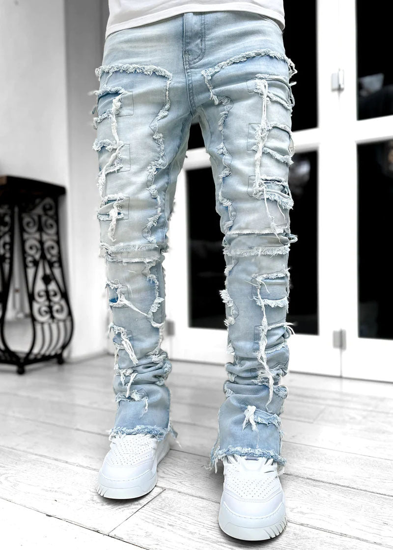 Men Trousers Individual Patched Pants Long Tight Fit Men dealsniper-net Light Blue L