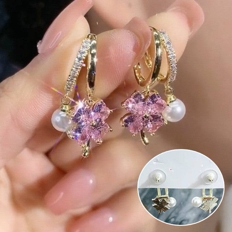 Fashion Jewelry Purple Crystal Four-leaf Flower Pearl Ear Clip Earrings Jewelry dealsniper-net Purple Ear Studs