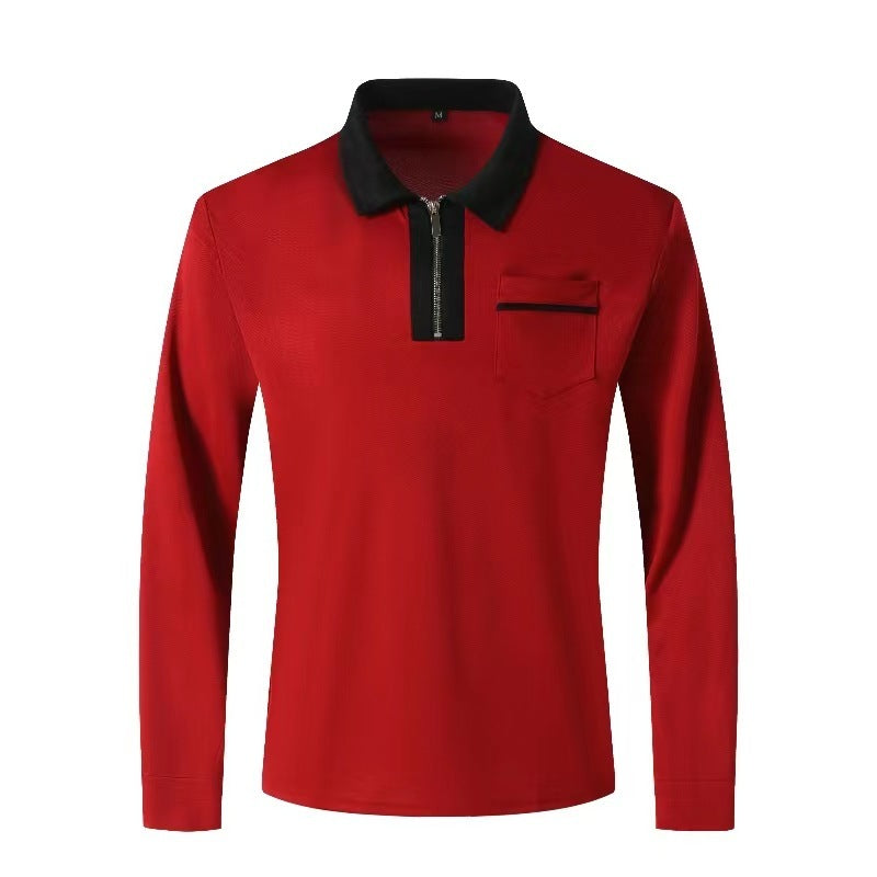 Autumn Mens Long Sleeve Zipper Polo Shirts Casual Lapel Men DealSniper.net Red With Black 2XL
