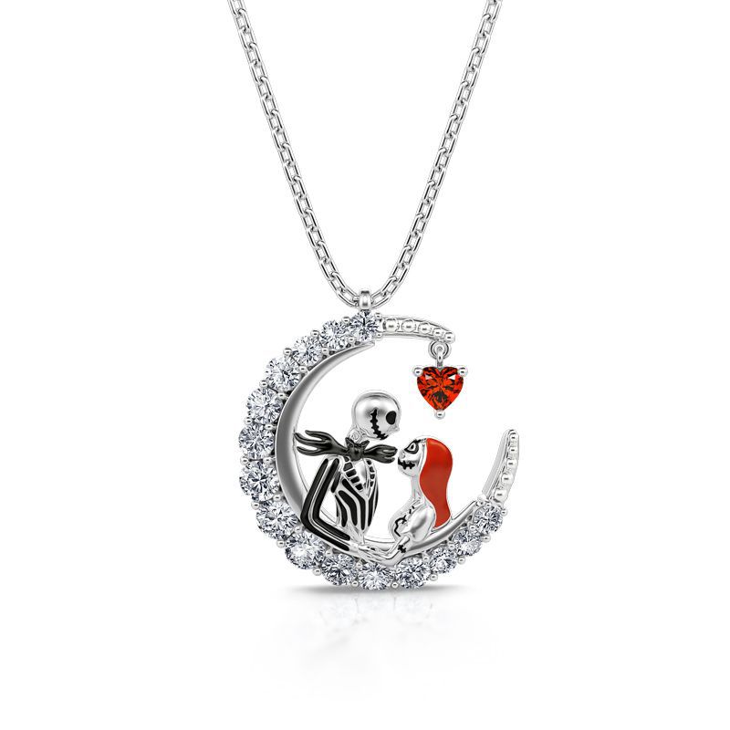 Halloween Moon-shaped Skull Necklace With Rhinestones Jewelry Gym From House