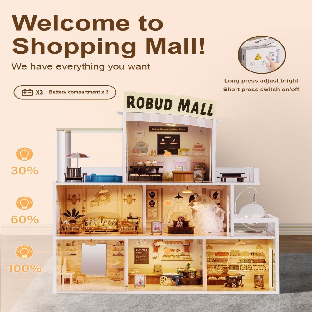 Wood Dollhouse Shopping Mall Doll House With Lights Music