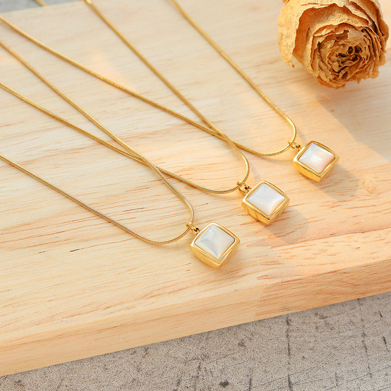 14K Gold Plated Stainless Steel Necklace Square White Jade Jewelry dealsniper-net