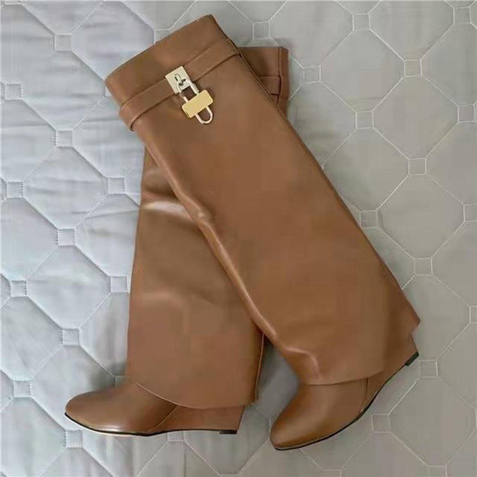 New Wedge Pants Boots Metal Lock Pants Fashion Women Sleeve Women dealsniper-net Apricot 35